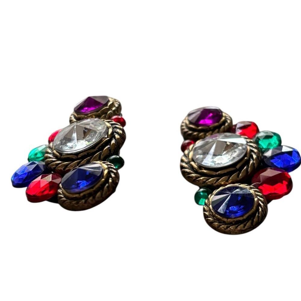 80s Mogul Gripoix Style Gold Tone Chunky Clip-On Earrings Rivioli Rhinestones - Picture 8 of 8